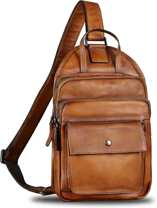 Genuine Leather Sling Bag for Men and Women Vintage Real Leather Fashion Sling Backpack Shoulder Crossbody Chest Purse