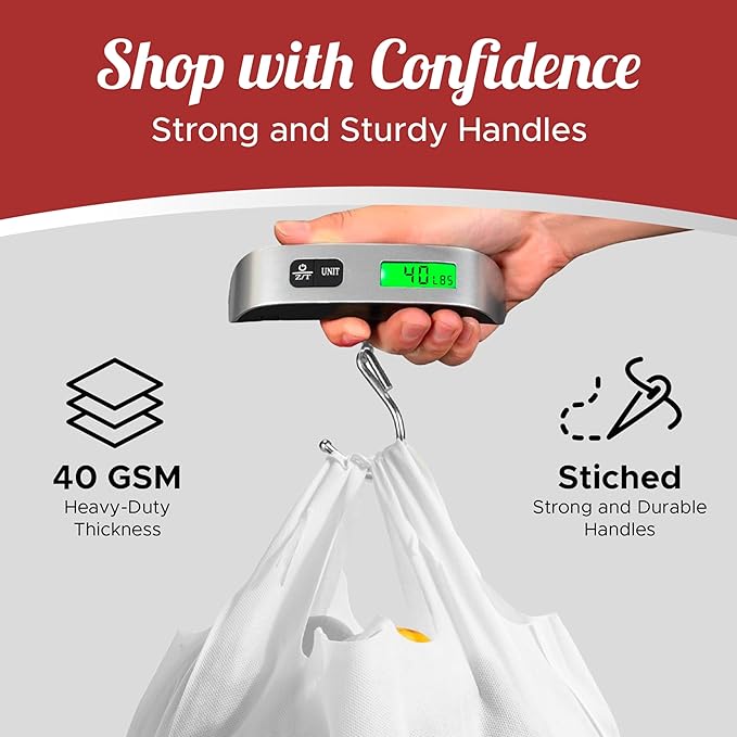 Simply Cool 50 Pack Reusable Eco-Friendly Grocery T-Shirt Shopping Bags 21.5"x12.2"x7.2" Durable, Recyclable Washable Foldable Portable Shopping Tote Bags Bulk