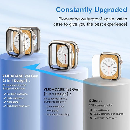 3 in 1 Waterproof Case for Apple Watch Screen Protector 41mm Series 9 8 7 Accessories Built-in Tempered Glass Film,Front and Back PC Hard Bumper 360° Protective Face Cover for iWatch 41mm