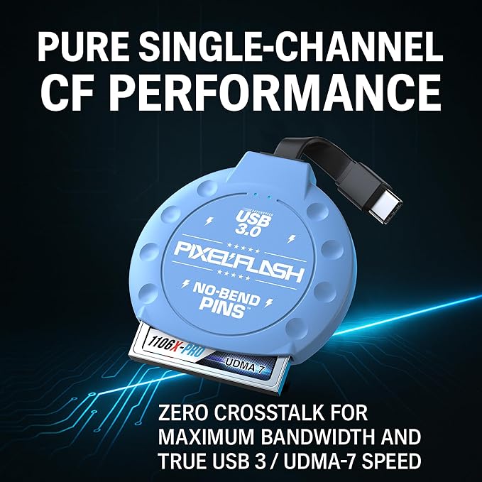 PixelFlash CF Card Reader USB C (Blue) - Compact Flash Memory Card Reader with Cabled Type-C USB 3.1, 5GB/s File Transfer, No-Bend Pins Technology, Supports UDMA-7, Anti-Slip & Anti-Scratch Exterior