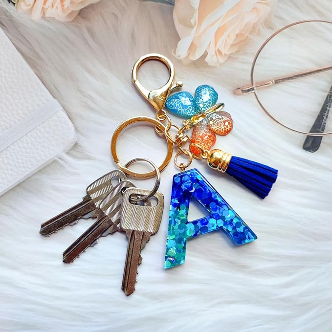 Cute Initial Letter Keychains for Women Girls Tassel Butterfly Pink Purple Green Keychain for Backpack School Bag