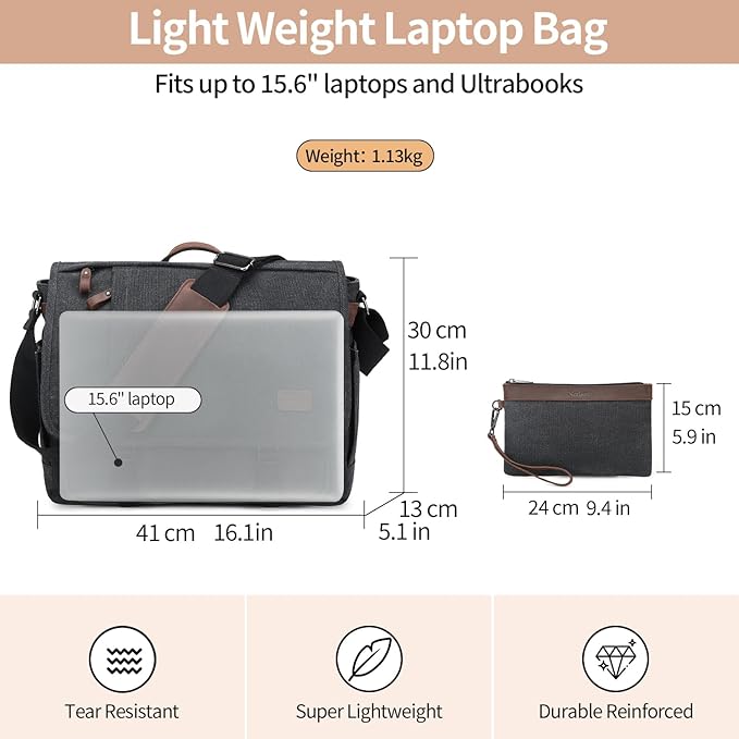 Nerlion Messenger Bag 15.6 Inch Laptop Bag Computer Bag Canvas Water-resistant Shoulder Bag Work Briefcase Bookbag for College (15.6", Dark Gray)