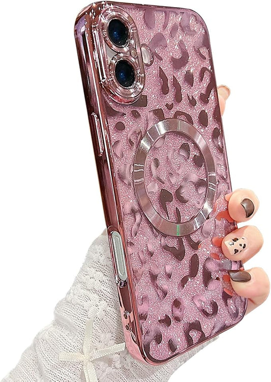 for iPhone 16 Case Magnetic,Soft Cute Luxury Leopard Cheetah Pattern Plating Glitter Bling Phone Case Compatible with MagSafe Clear Shockproof Back Cover for Women Girl 6.1"-Pink