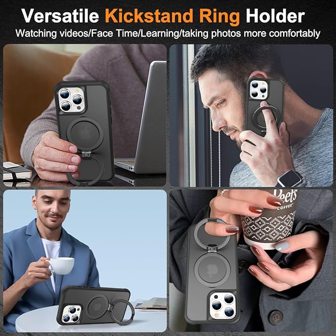 Compatible with iPhone 14 Pro Case with Invisible Magnetic O-Ring Stand Military-Grade Translucent Case for iPhone 14 Pro 6.1" [Compatible with Mag-Safe][Great Grip Feeling], Black