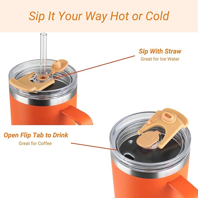 Drinco 40oz 30 oz Tumbler with Handle, Straw Lid, Insulated Stainless Steel Travel Mug Water Bottle Ice Coffee Cup For Cold and Hot, BigSur (30oz, Pumpkin)