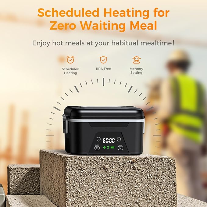 Cordless Heated Lunch Box for Adults, 1.5L (6 Cups) Portable Electric Lunch Box Battery Powered with Scheduled Heating, (All-round Heated) Rechargeable Food Warmer with Insulated Bag, Black