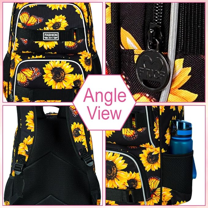 3Pcs Backpack for Girls Women, 17 Inches Sunflower Laptop Backpacks with Lunch Bag, Water Resistant College School Bookbag Set for Teens Students(Yellow)