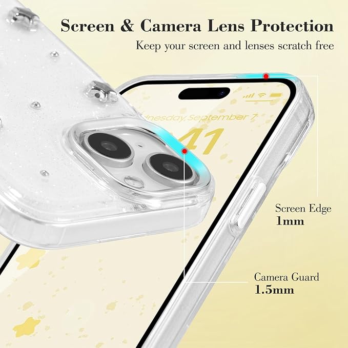 EYZUTAK Case for iPhone 15, Bling Glitter 3D Stars Phone Case Cute Sparkly Crystal Clear Star Aesthetic Design Case Slim Soft Durable TPU Transparent Protective Cover for Women Girls - Star