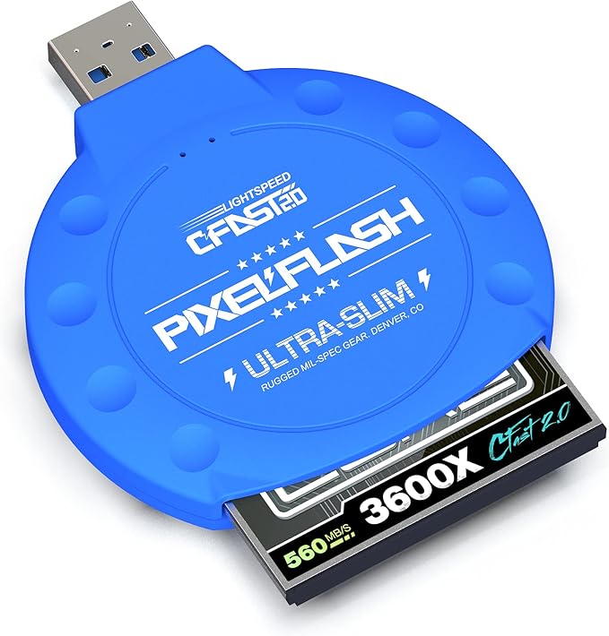 PixelFlash CFast 2.0 Card Reader (Blue) - Memory Card Adapter with USB 3.0, 500Mb/s File Transfer, Ultra-Slim & Anti-Slip Rubber Shell, Compatible with Most Brands & OS