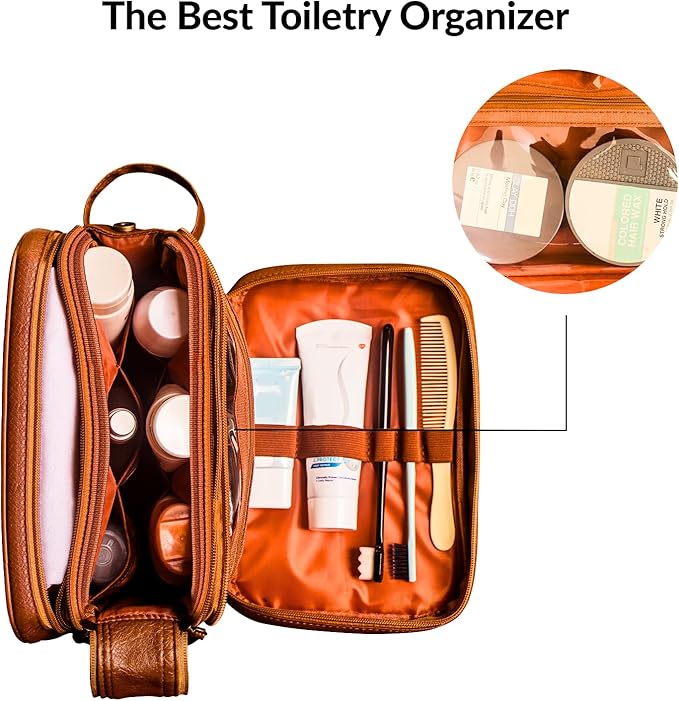 Dot&Dot Leather Toiletry Bag for Men Women - Spacious Womens Mens Toiletry Travel Bag, Large Travel Toiletries Bags (Rugged Brown, Large)