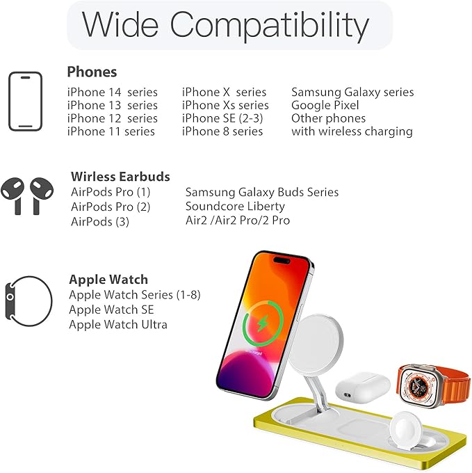 3 in 1 Charging Station for Apple Devices: Used for iPhone and Watch Charging Station with Magsafe Charger Stand, Wireless Charger for iPhone 16/15/14/13/12, Apple Watch 1-9/Ultra, AirPods 3 Pro