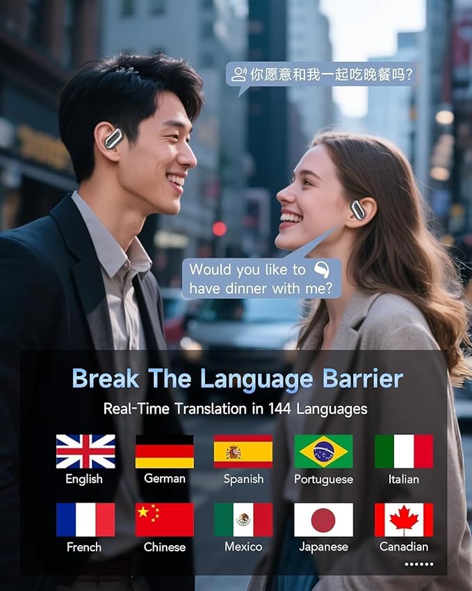 AI Translation Earbuds Real Time, 144 Language Translator Earbuds OWS 4-in-1 Translation Headphones, Fit iOS and Android, Ideal for Travel Business Learning（Ink Black）