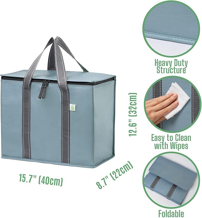 VENO 2 Pack Cooler Bag and Insulated Grocery Bags for Food Delivery, Collapsible Cooler. Reusable Shopping Bags for Groceries with Hard Bottom, Zippered, Foldable, Heavy-Duty (Light Blue, 2 Pack)