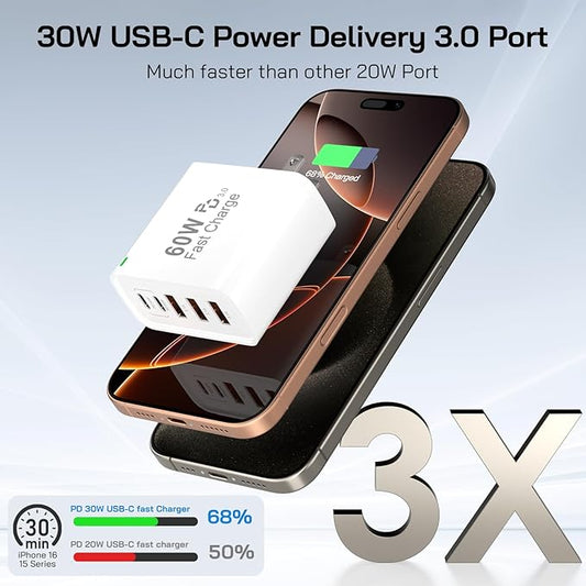 2Pack USB C Fast Charger Block, 60W 5-Port USB C Wall Charger 30W Type C Charging Block, 2USB C+3USB A PPS/PD 3.0 Multiport Charging Cube for iPhone 17 16 15 14 Pro Max,for Galaxy S25 S24 Ultra, i Pad