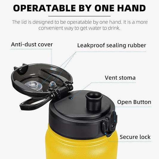 Fanhaw 20 Oz Insulated Stainless Steel Vacuum Water Bottle with Anti-Dust Pop-Open Lid - For Kids, Women, Men | Leak & Sweat Proof (Yellow)