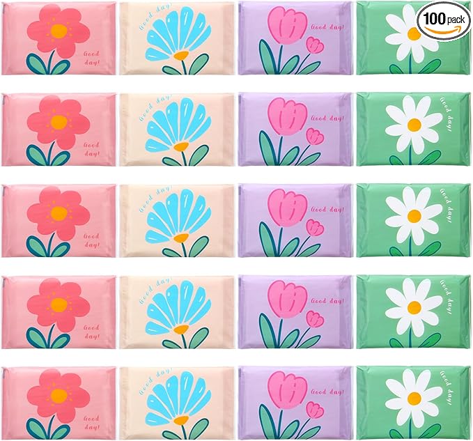 PerKoop 100 Pack Pocket Tissues Travel Slim Packs Small Facial Tissues Wallet Size Toilet Paper for Travel Guest Wedding Supplies, 4 Styles(Cute Floral)