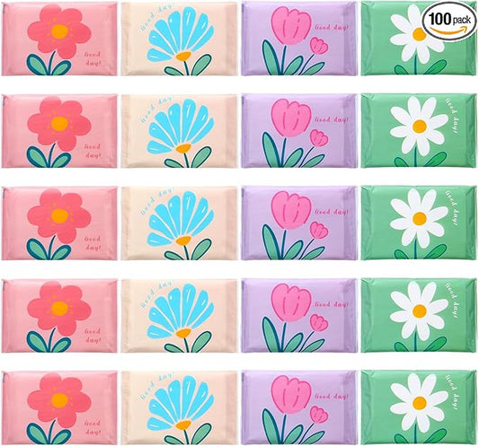 PerKoop 100 Pack Pocket Tissues Travel Slim Packs Small Facial Tissues Wallet Size Toilet Paper for Travel Guest Wedding Supplies, 4 Styles(Cute Floral)