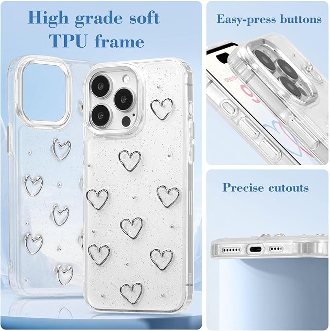EYZUTAK Case for iPhone 15 Pro Max, Bling Glitter 3D Hearts Phone Case Cute Sparkly Crystal Clear Heart Aesthetic Design Case Slim Soft Durable TPU Transparent Protective Cover for Women Girls - Heart