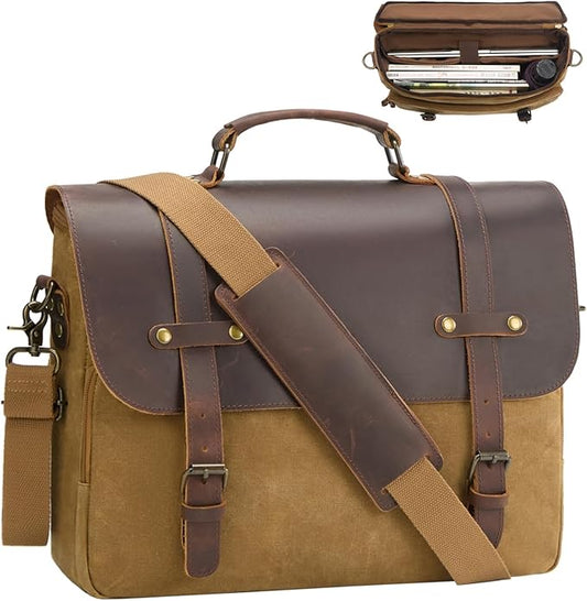 Mens Messenger Bag Waxed Canvas Laptop Briefcase 15.6“ Vintage Genuine Leather Crossbody Bags Waterproof Satchel Shoulder Bag