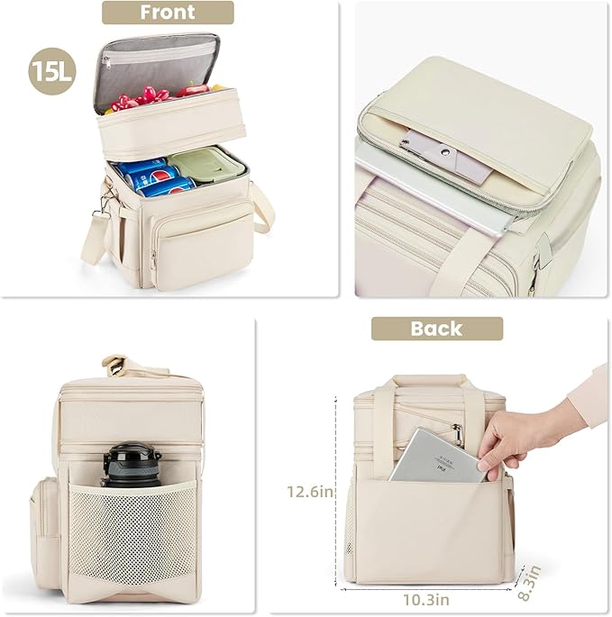 Insulated Lunch Bag & Lunch Box for Women - Double Deck Reusable Lunch Bag for men Tote Cooler Bag Leakproof Soft Expandable - Large Lunchbox for Work/Adult/Picnic/Outdoor (Cream，15L)