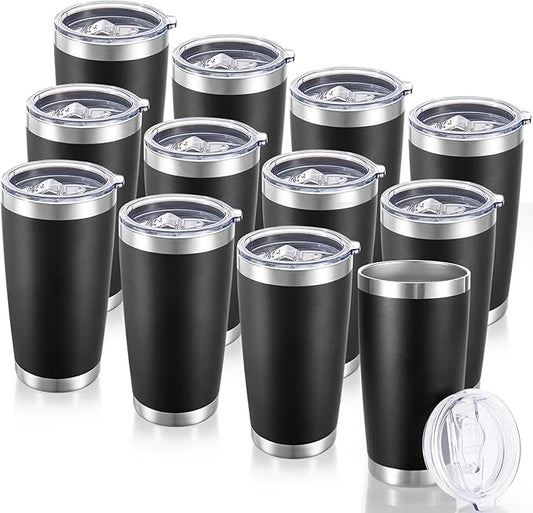 20 oz Tumblers Bulk Stainless Steel Tumbler with Lid Double Wall Vacuum Insulated Coffee Mug 20oz Powder Coated Cup for Hot and Cold Drinks, Black, 12 pack