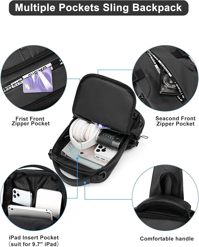 Large Black Sling Bag for Men, Shoulder Messenger Bag for Mens, Anti Theft One Strap Motorcycle Backpack Sling Chest Bag for Casual Hiking Walking Biking Travel Cycling Outdoor Sports