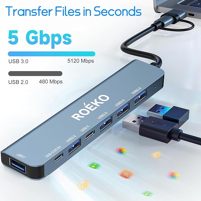 USB Hub 3.0,USB C hub,USB hub with USB C Multiport Adapter, USB Splitter with 1xUSB 3.0,4xUSB2.0,2 x USB C,USB c hub for MacBook Pro/PC/Laptop/Tablet Devices (Grey 7in1)