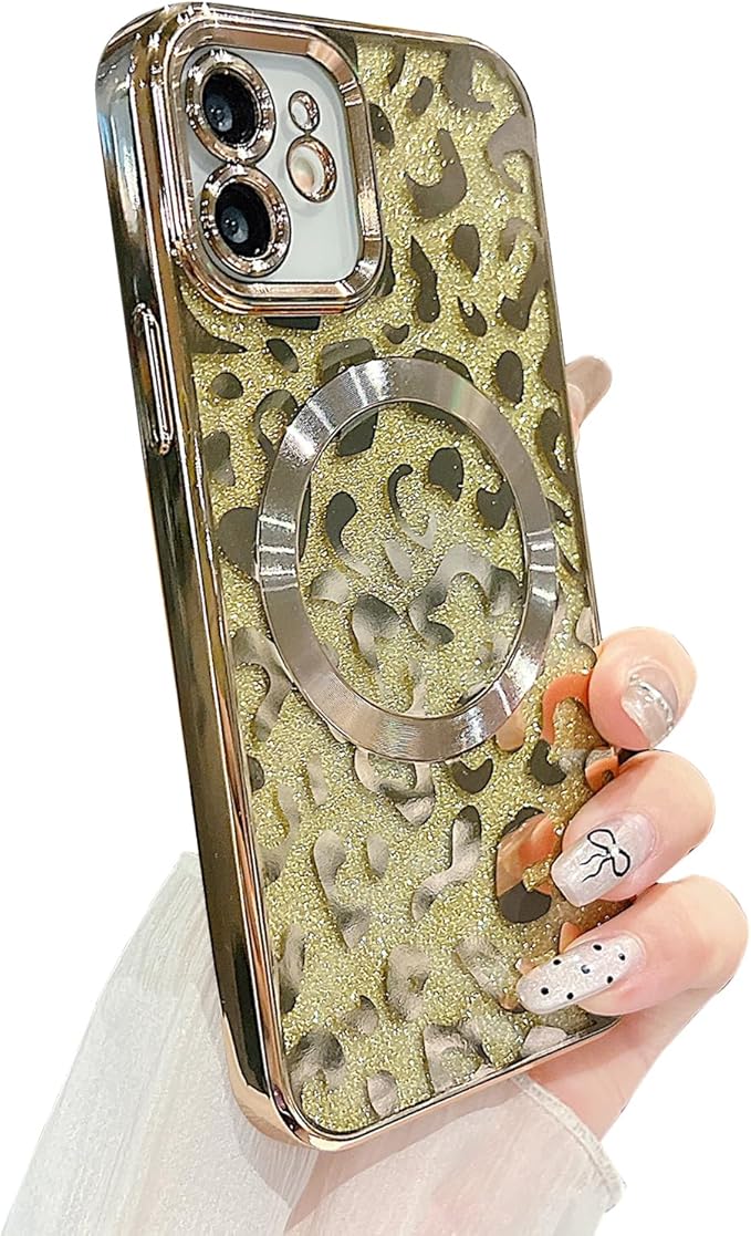 for iPhone 12 Case Magnetic,Soft Cute Luxury Leopard Cheetah Pattern Plating Glitter Bling Phone Case Compatible with MagSafe Clear Shockproof Back Cover for Women Girl 6.1"-Gold