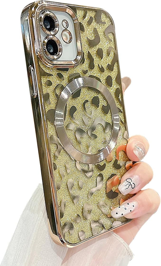 for iPhone 12 Case Magnetic,Soft Cute Luxury Leopard Cheetah Pattern Plating Glitter Bling Phone Case Compatible with MagSafe Clear Shockproof Back Cover for Women Girl 6.1"-Gold