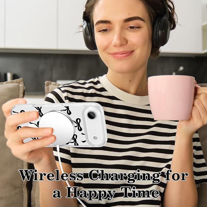 UEEBAI Magnetic for iPhone Air Case, Bow Case Compatible with MagSafe, Wireless Slim Clear Ribbon Aesthetic Phone Cover Anti-Yellowing Shockproof Protective Cover for Women Girl - Black