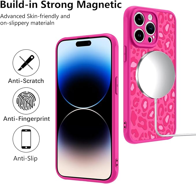 KANGHAR Case for iPhone 14 Pro Max Hot Pink Leopard Printed Pattern Cute Cheetah [Compatible with Magsafe] Protective Magnetic Case for Girls Women 6.7"