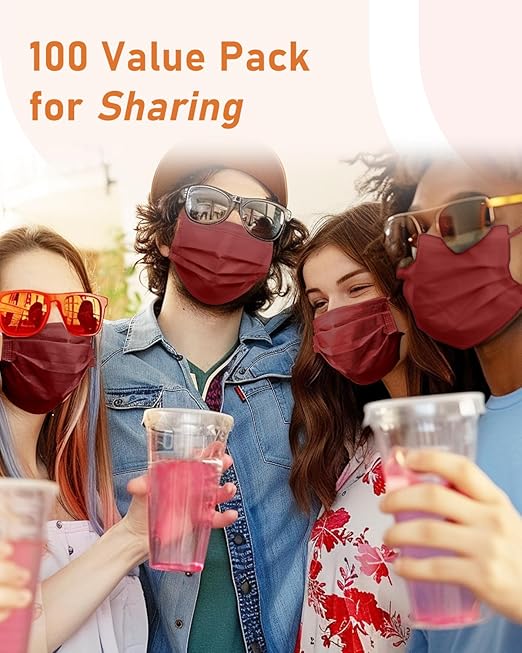 Face Masks Disposable 100 Pack, 4 Ply ASTM Level 3 Medical Grade, FSA/HSA Eligible, Breathable for Adult Outdoor Protection, Individually Wrapped for Home, School & Office, Burgundy