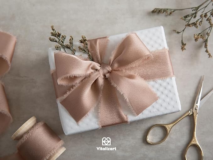 Vitalizart Silk Satin Ribbon 1 Inch x 15 Yard Wooden Spool Champagne Handmade Frayed Ribbon for Gift Wrapping Baby Shower Wedding Bridal Bouquets Holiday Decor 3 Rolls x 5 Yard