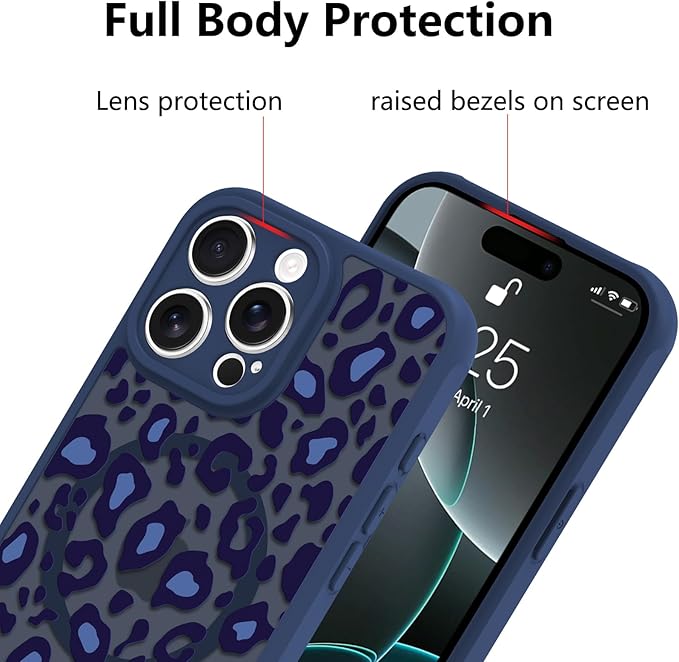 KANGHAR Case for iPhone 16 Pro Max Blue Leopard Printed Pattern Cute Cheetah [Compatible with Magsafe] Protective Magnetic Case for Girls Women 6.9"
