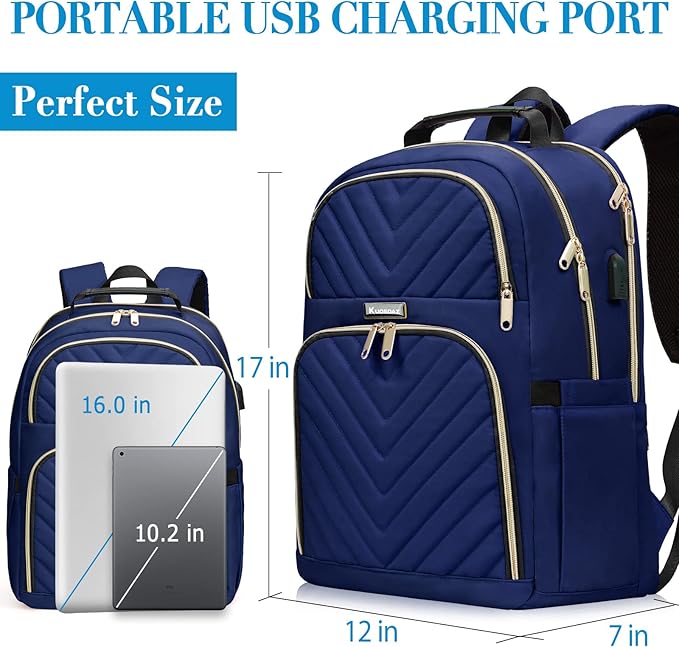 Navy Blue 15.6 Inch Laptop Backpack for Women, Stylish Water-Resistant Backpack with USB Charging Port, Anti-Theft Pockets, and Padded Laptop Compartment