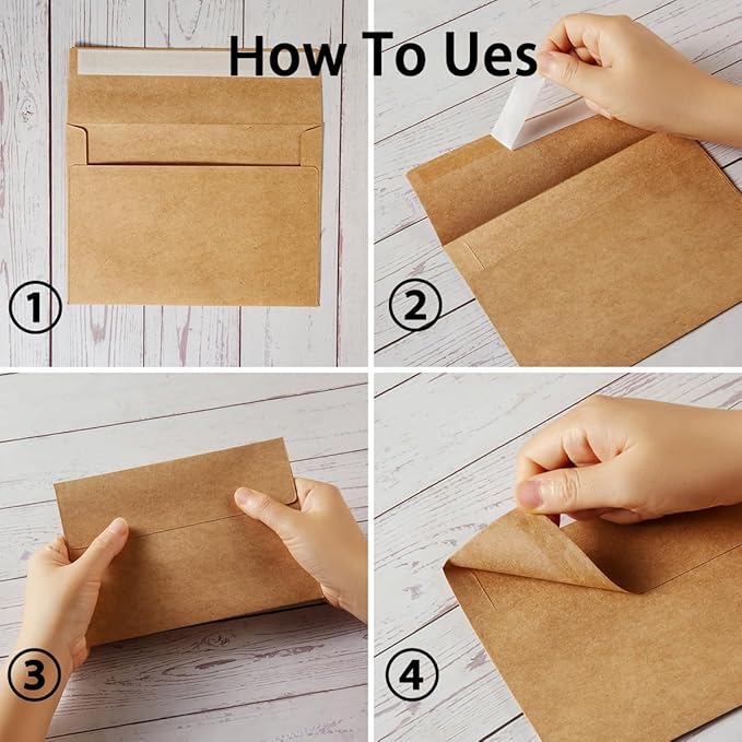 Wishop 50 Pack Self-Adhesive Envelopes with Fold Cards for Wedding Invitations, Greeting Cards, Baby Shower, Letter Mailing (Brown, 5x7)