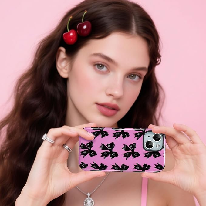 QLTYPRI Case for iPhone 15, Aesthetic Black Ribbon Bow Phone Case for Girls Women, Protective Hybrid 2-Layer Hard Shell Silicone Cover Durable Shockproof Phone Cover - Rose Red