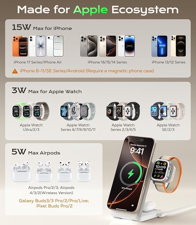 3 in 1 Magnetic Charging Station, 15W Fast Wireless Charger Compatible with MagSafe Charger Stand for iPhone 17 16 15 14 13 12, Apple Watch Charger & AirPods, Foldable Travel Charging Dock, White