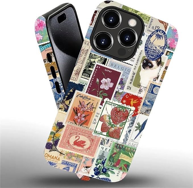 Case for iPhone 15 Pro,Vintage Stamp Collage for Woman Men Full Body Protective Cover Shockproof 2 in 1 Silicone + Hard PC Case for iPhone 15 Pro