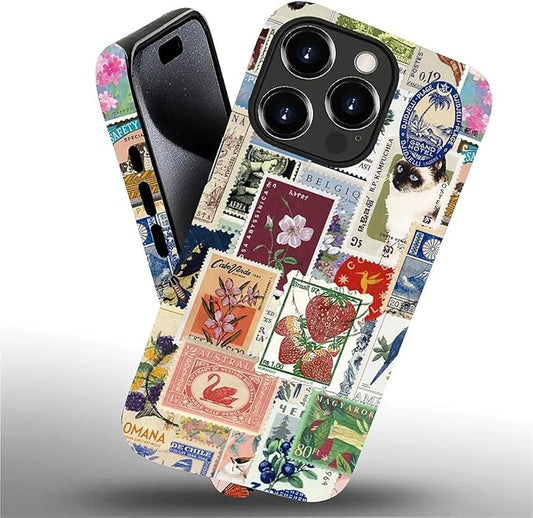Case for iPhone 15 Pro,Vintage Stamp Collage for Woman Men Full Body Protective Cover Shockproof 2 in 1 Silicone + Hard PC Case for iPhone 15 Pro