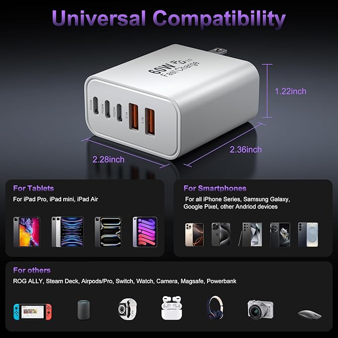 USB C Fast Wall Charger Block, 2Pack 60W USBC Charging Cubes, 5-Port PD+QC Power Adapter Multiport Brick Type C Box Plug for iPhone 17/16/15/14/13/12/11/Pro Max/Plus/Air, iPad mini/Pro,Galaxy S25/S24