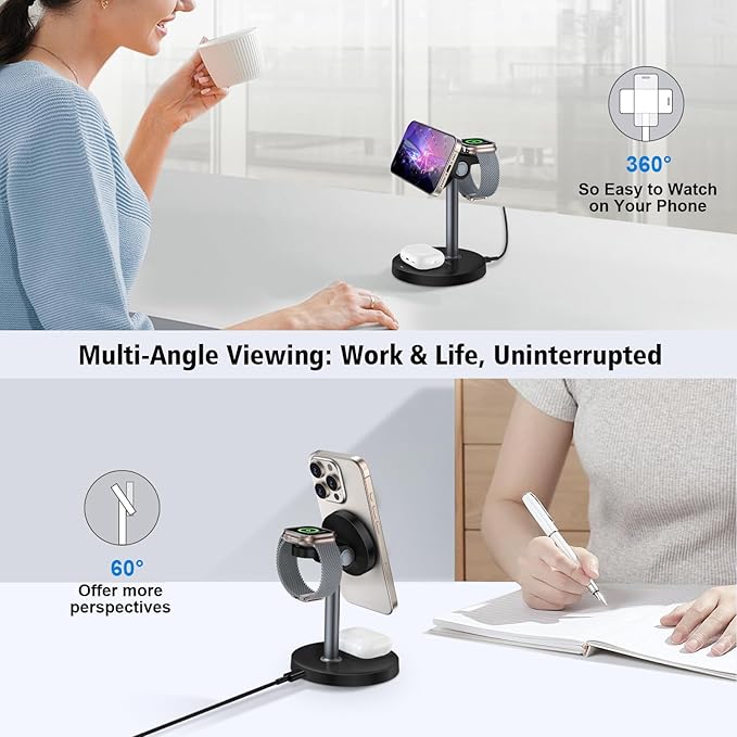 3 in 1 Wireless Charging Station for Multiple Devices, 15W Fast Magnetic Wireless Charger Stand with Adjustable Angle, Compatible with iPhone12-16 Series, Apple Watch, AirPods - Gifts for Men &Women