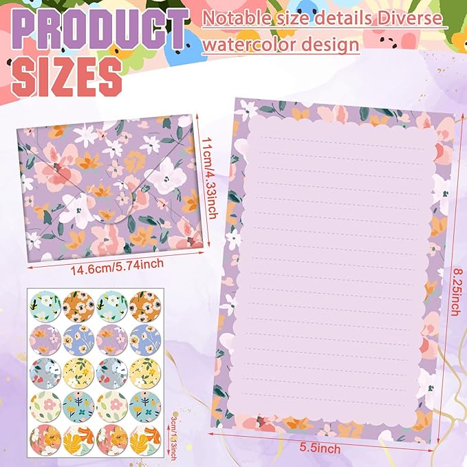 TaoBary 160 Pcs Stationery Paper Set 50 Double Sided Stationery Papers with 50 Matching Envelopes and 60 Round Dot Sticker, 10 Design(Kawaii,5.5 x 8.25 Inch)