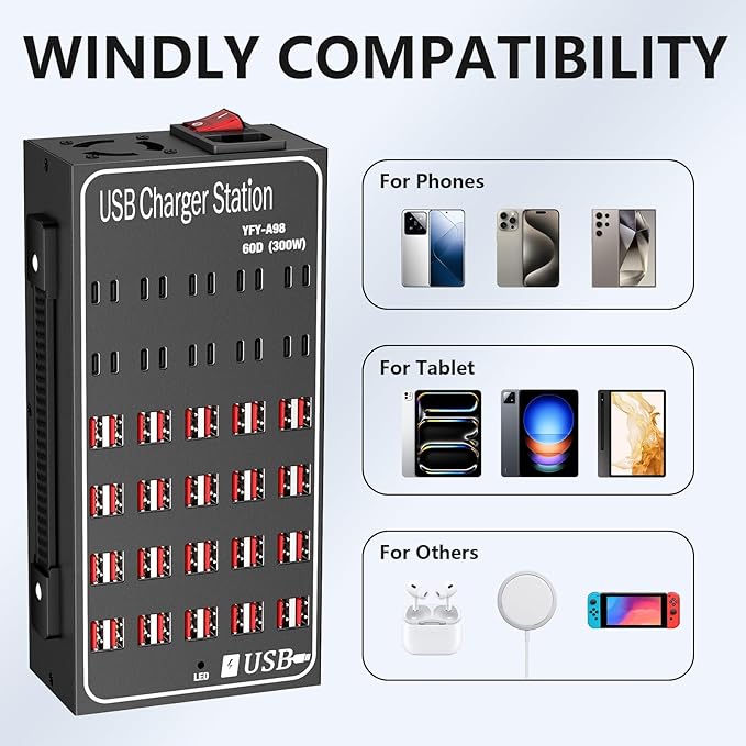 Multiple USB Charging Station, RUANSZZ 60 Port 300 Watt (60A) USB~C Charger Block with Power Switch, Multiple USB Desktop Charger Station, Suitable for Shops, Hotels, Schools, Shopping malls