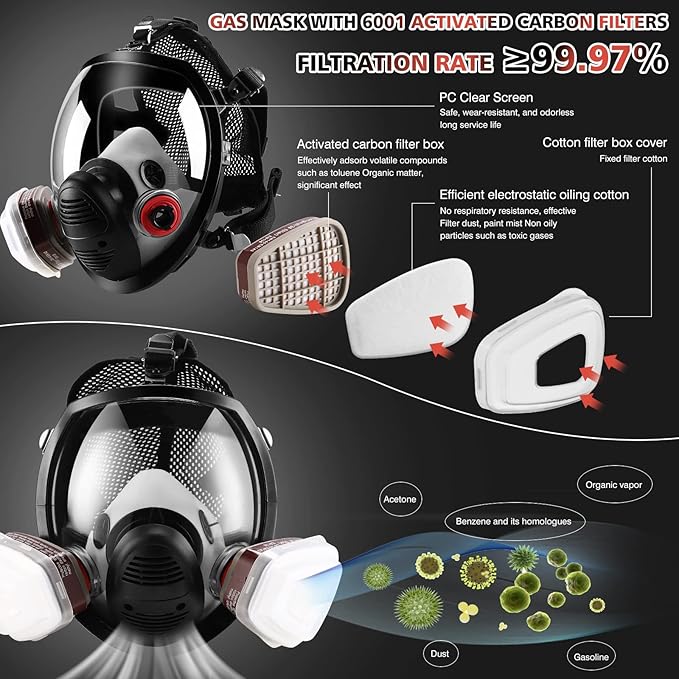 Gas Masks Survival Nuclear and Chemical - Reusable Full Face Respirator Gas Mask with Activated Carbon Filter