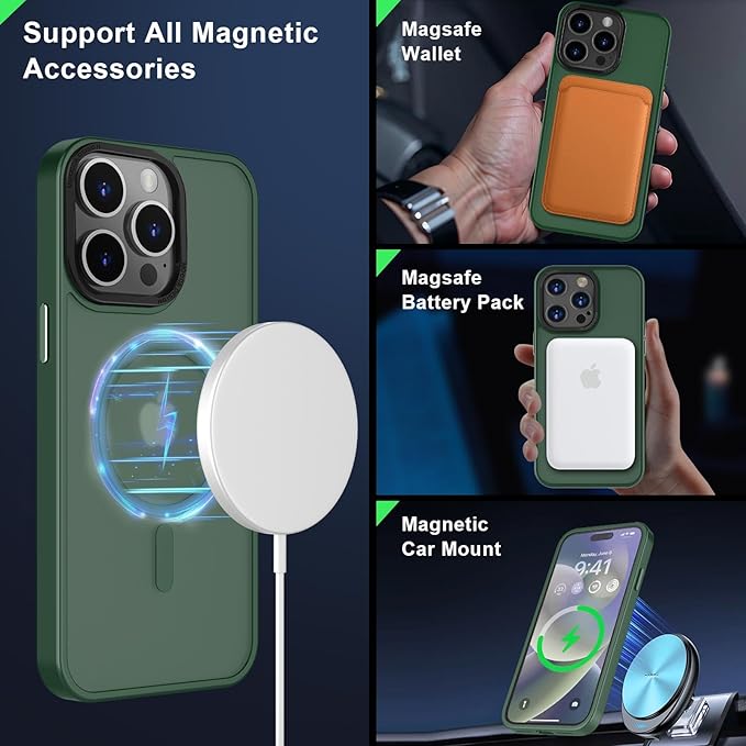 MOCCA Strong Magnetic for iPhone 15 Pro Max Case, [Compatible with Magsafe][13FT Military Drop Protection] Slim Translucent Matte Shockproof Case for iPhone 15 ProMax Case 6.7'', Midnight Green