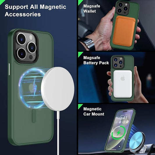 MOCCA Strong Magnetic for iPhone 15 Pro Max Case, [Compatible with Magsafe][13FT Military Drop Protection] Slim Translucent Matte Shockproof Case for iPhone 15 ProMax Case 6.7'', Midnight Green