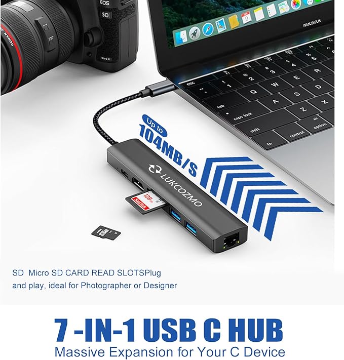USB Hub 3.0, 7 in 1 USB Hub with 1000M Ethernet, 4K HDMI, 2 USB3.0, 100W PD, SD/TF Card Reader Docking Station Compatible with Your Cell Phone MacBook/Dell/HP/Surface/Lenovo/Steam Deck
