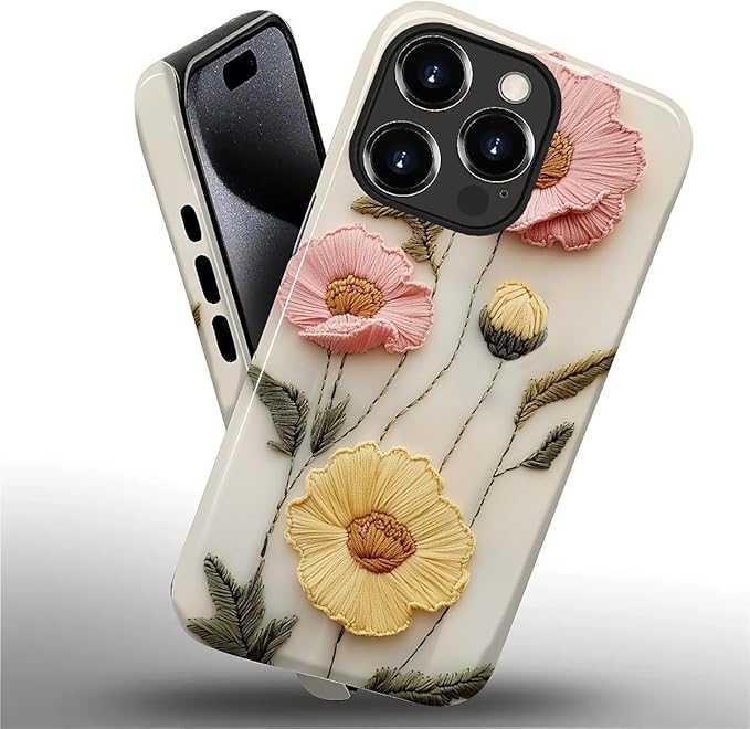 Case for iPhone 15 Pro Max Case,Faux Embroidery Boho Floral Design - Hybrid Dual Protection Silicone + Hard PC Shockproof Full Body Cover Slim Anti-Scratch Protective Case for Men Women