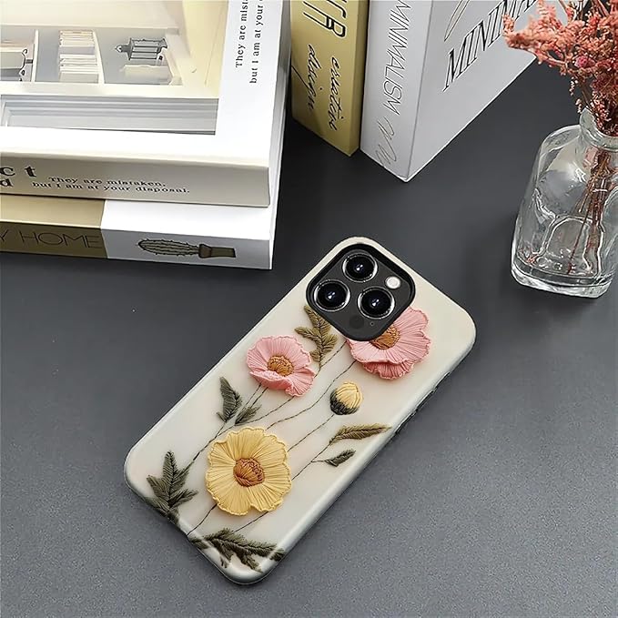 Case for iPhone 16 Pro Max Case,Faux Embroidery Boho Floral Design - Hybrid Dual Protection Silicone + Hard PC Shockproof Full Body Cover Slim Anti-Scratch Protective Case for Men Women